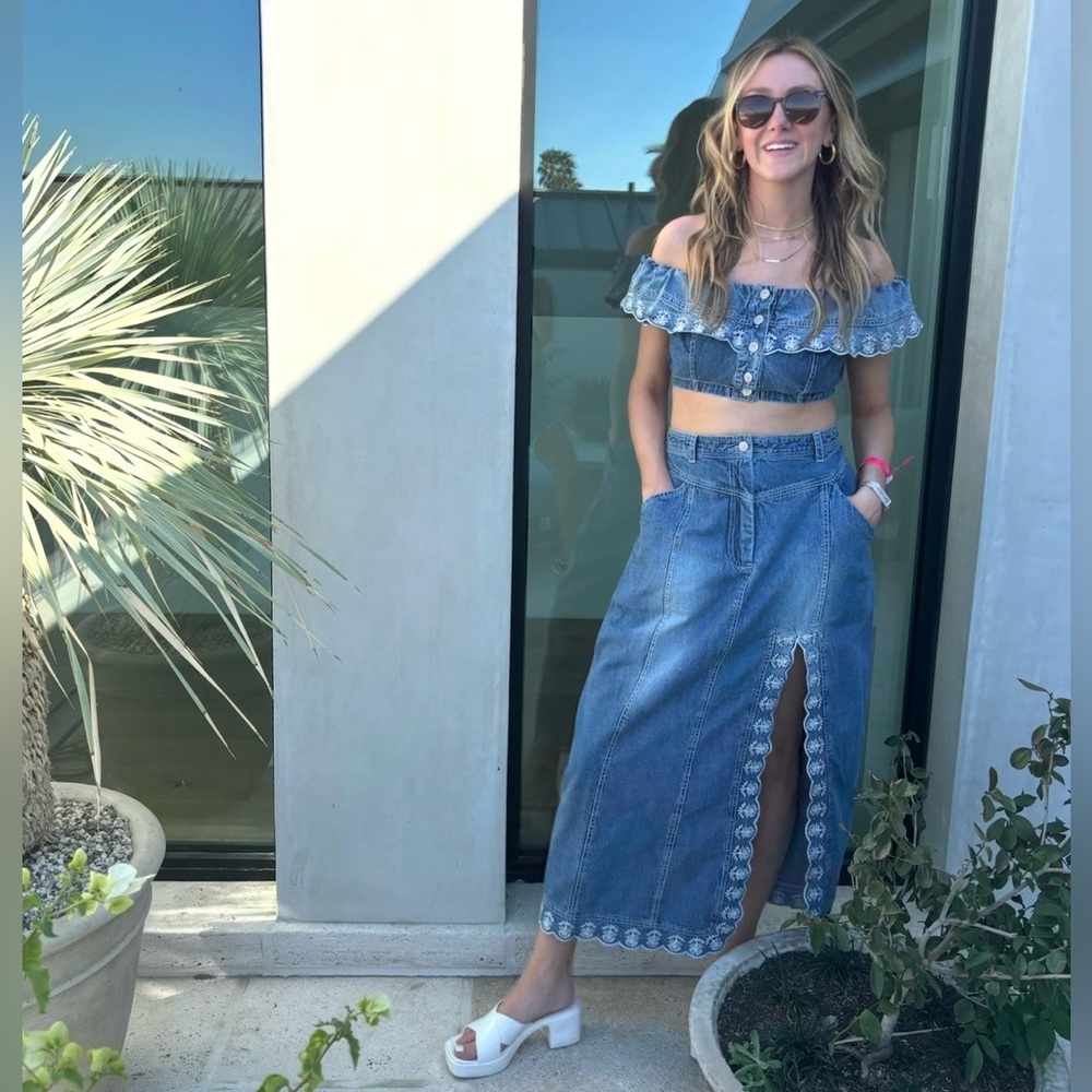Free People Blue Denim Off-Shoulder Crop Top & Skirt Set